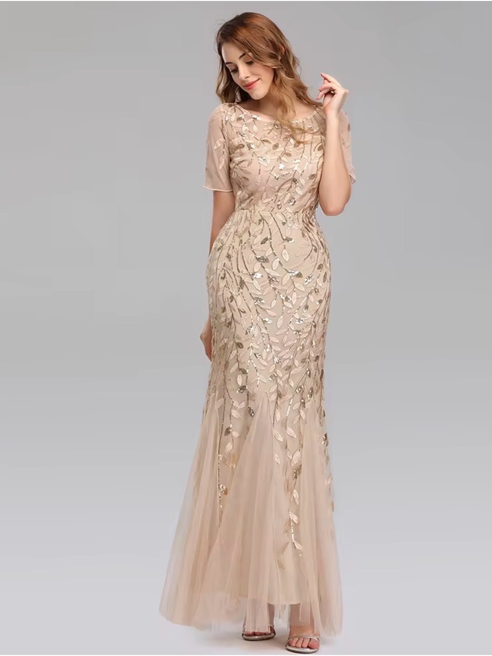 Ever Pretty Champagne Leaf-Embellished Tulle Maxi Dress